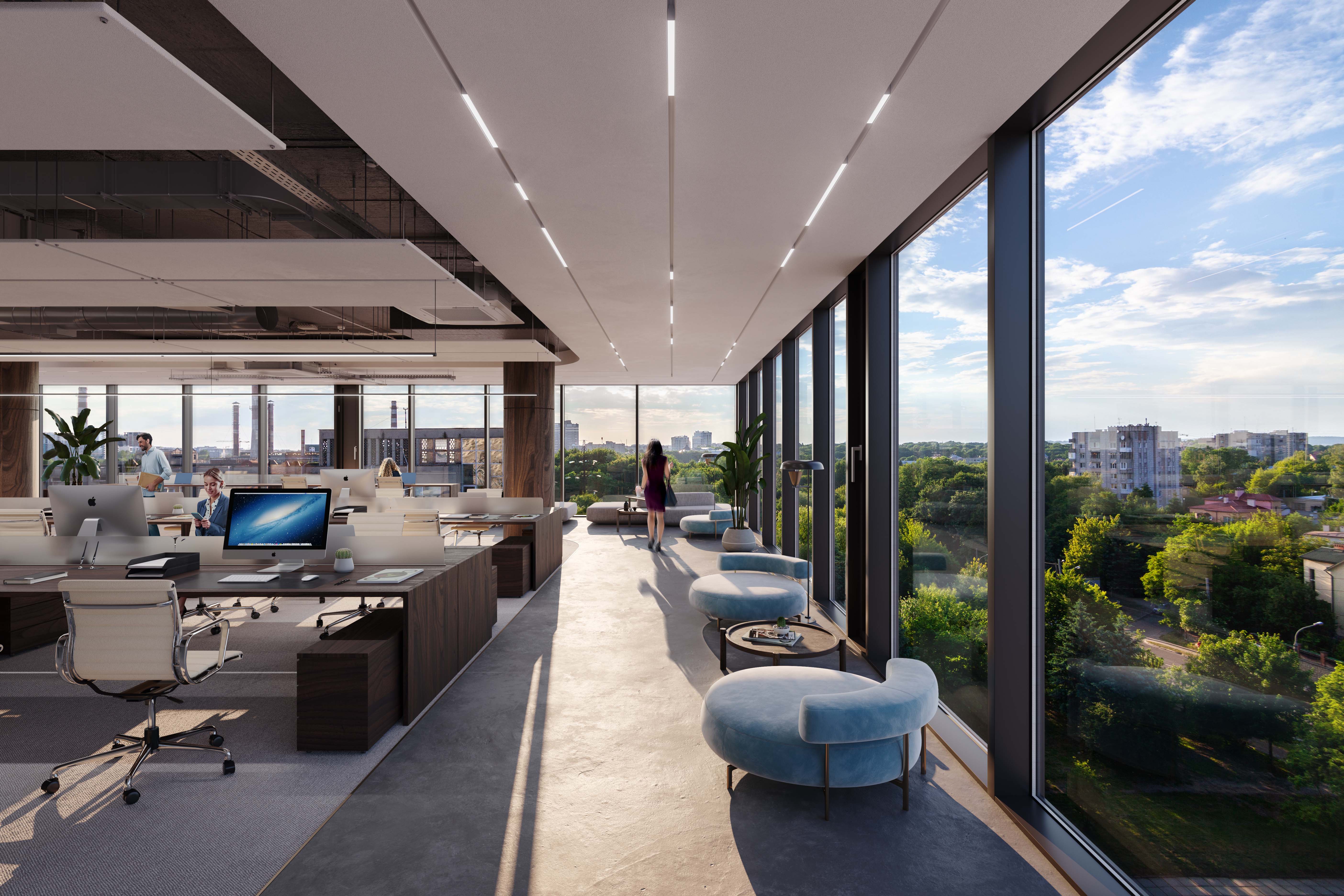 Architectural rendering of an open-layout office with modern furniture, large windows, and contemporary design.