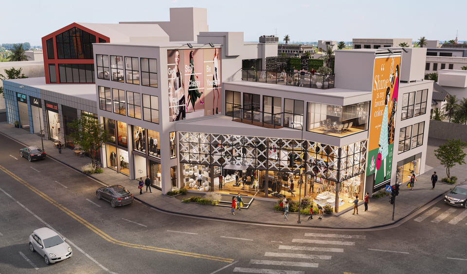Los Angeles CA. Elevated corner rendering of a boutique retail block with diagrid glass storefront, rooftop terrace, and large scale fashion graphics on the upper facade by Radical Galaxy Studio