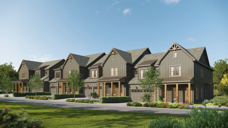Townhome exterior rendering with modern farmhouse architecture and attached garages