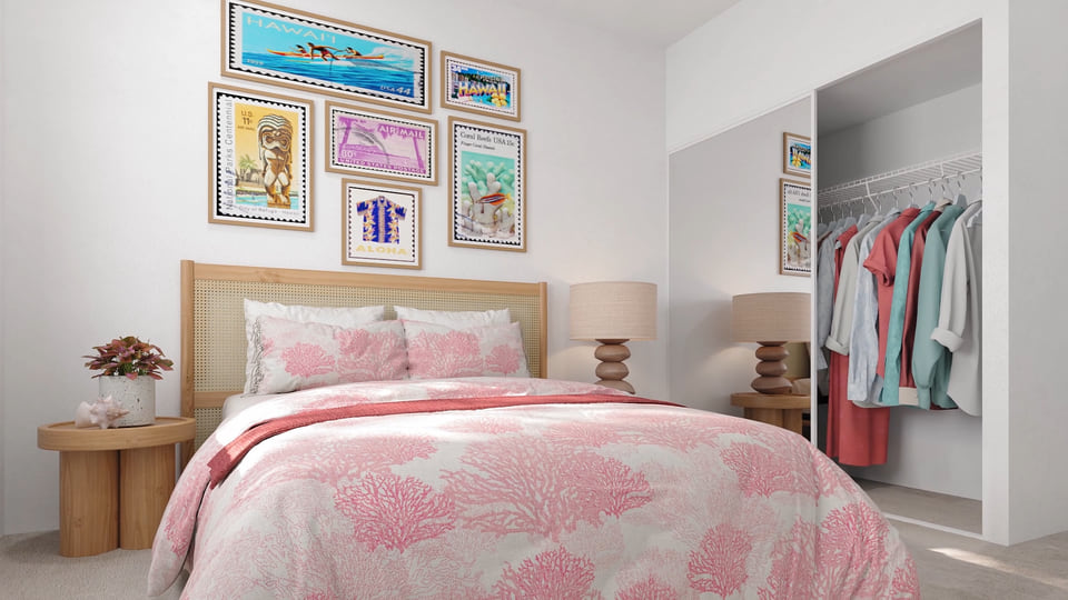 3D architectural visualization of D.R. Horton bedroom in Honolulu, Hawaii created by Radical Galaxy Studio showcasing bright island-inspired design