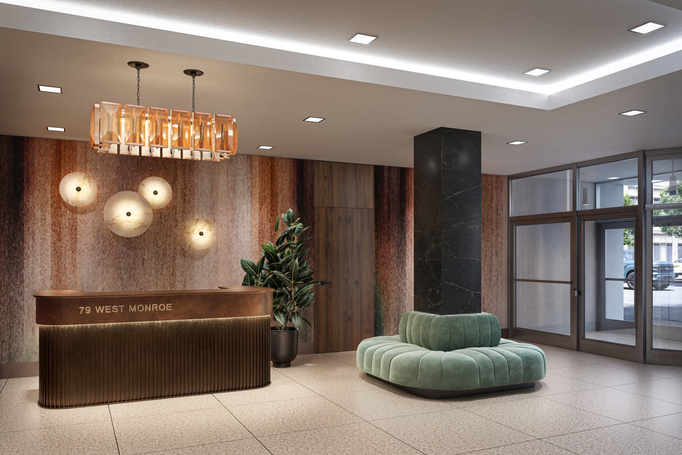 79 Monroe, Chicago IL — Ware Malcomb. Restored beaux-arts lobby with historic detailing and warm arrival sequence by Radical Galaxy Studio