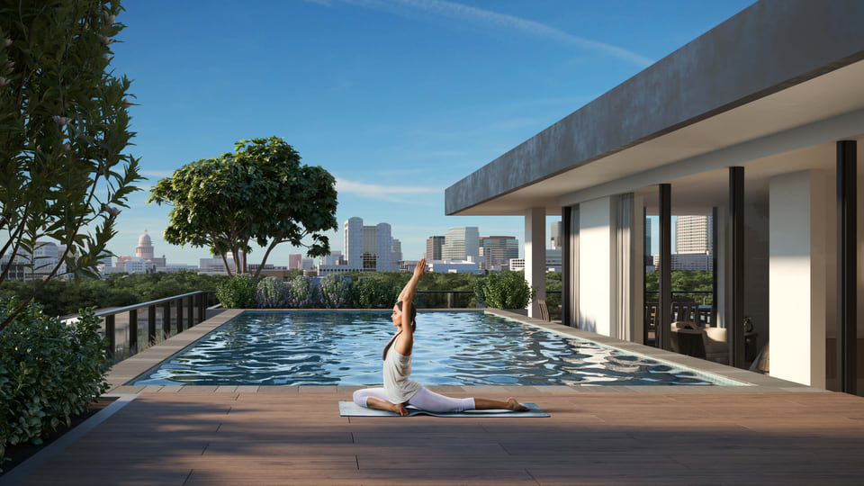 The Colorfield, Austin TX — Cumby Group. Yoga studio amenity with warm daylight and downtown views by Radical Galaxy Studio