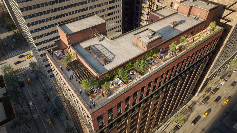 79 W. Monroe Chicago — rooftop lounge rendering by day with Chicago Loop skyline views