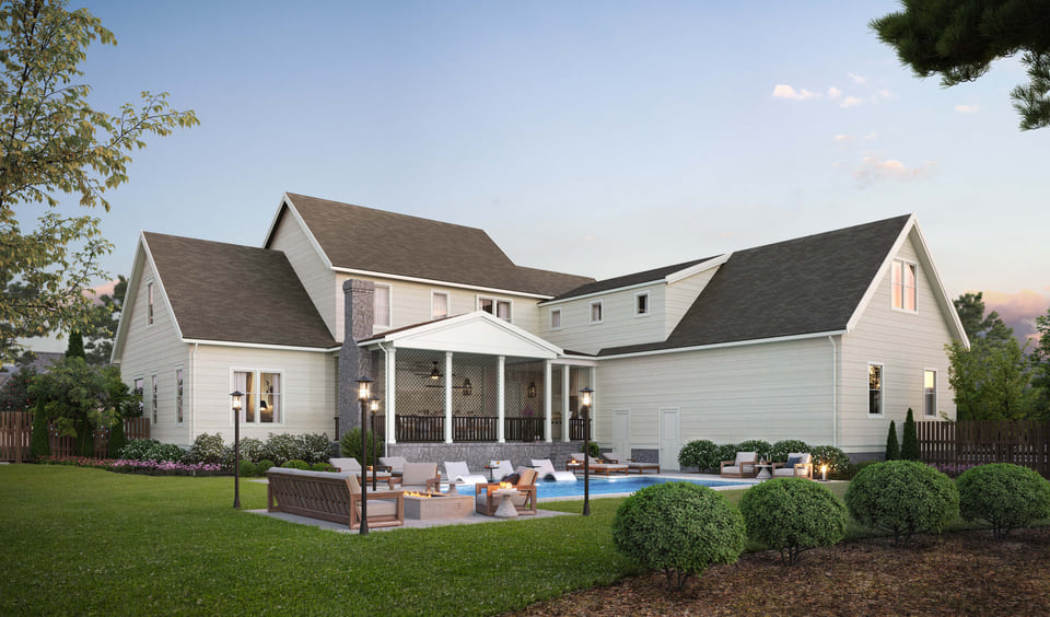 Rendering of a North Carolina backyard featuring a pool, spacious porch, and lush landscaping.