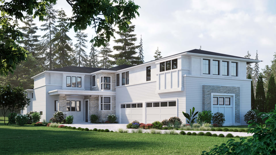 A single-family home rendering with ornate detailing, a wraparound porch, and vibrant landscaping.
