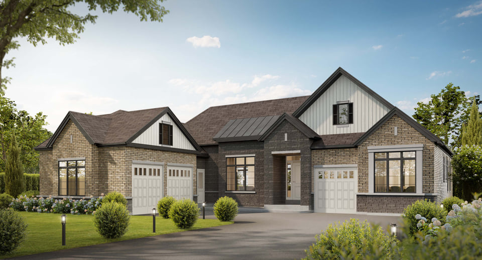 A 3D visualization of a single-family home in a master-planned community, featuring modern architecture, a spacious front yard