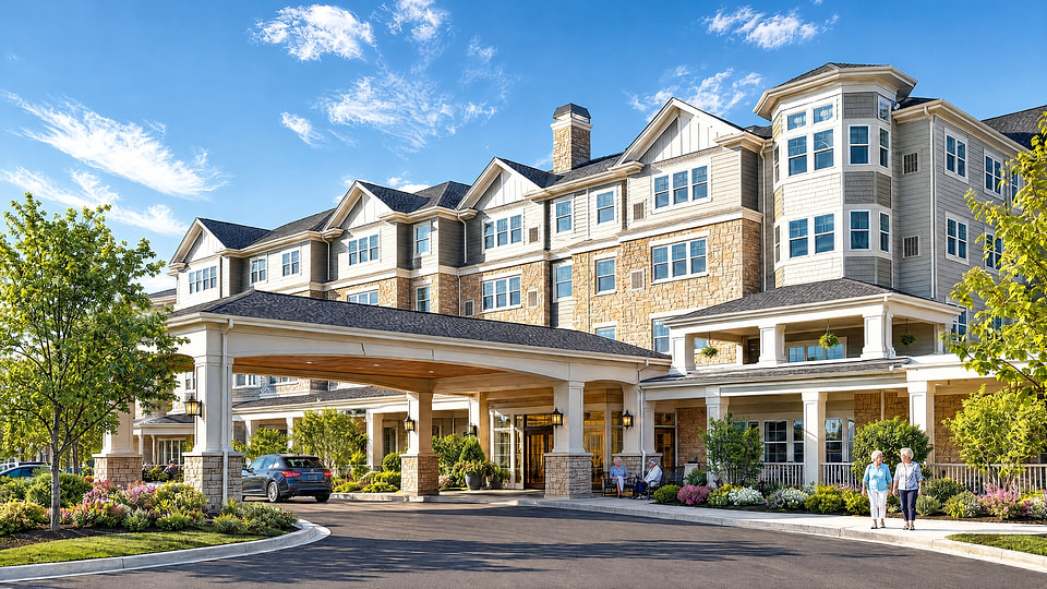 Senior living community architectural animation covering architecture, landscape, residences, and shared amenity spaces.
