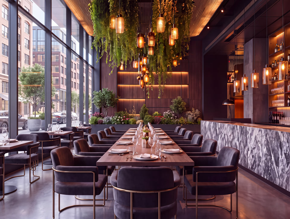City restaurant interior rendering with dining room, banquette seating, and warm pendant lighting