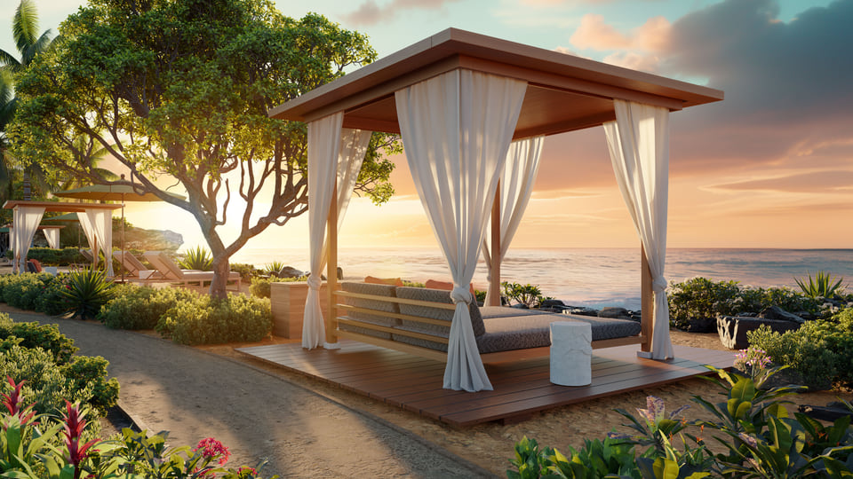 3D rendering of a Hawaiian beach cabana with thatched roof, tropical plants, palm trees, and ocean views at twilight.