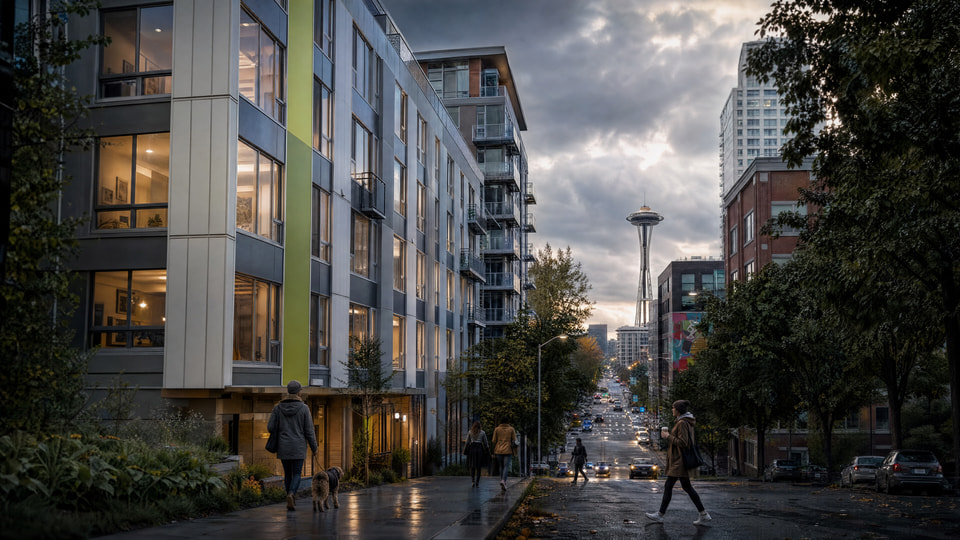 Seattle WA — Boxcar multifamily streetscape rendering at dusk with the Space Needle framed down a rain-slick Belltown street