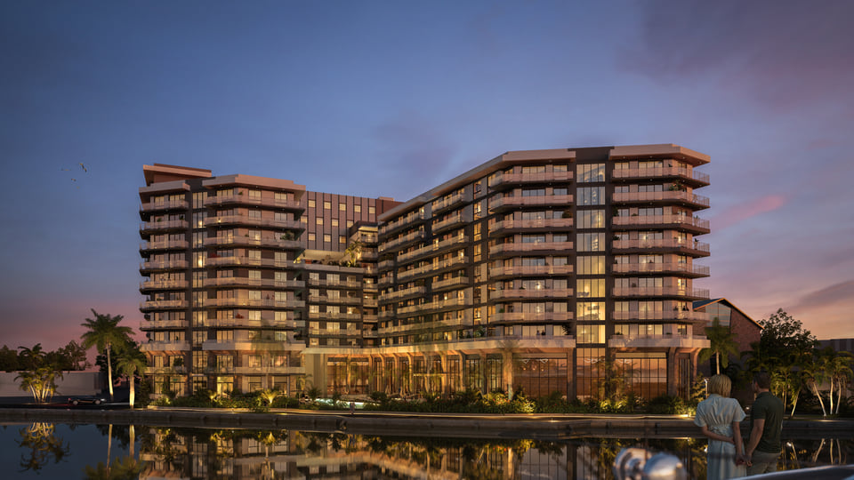 The Sanctuary, Fort Lauderdale FL — Atlantic Pacific Companies. Waterfront multifamily exterior at twilight with marina reflections and illuminated balconies by Radical Galaxy Studio