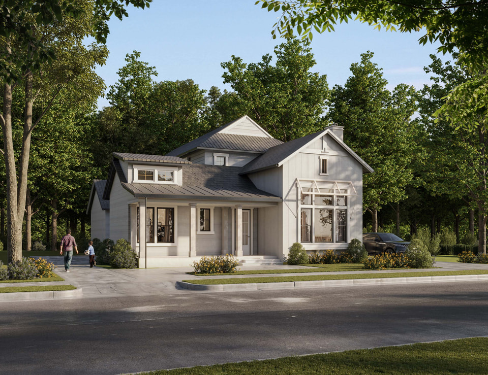 A single-family home rendering showcasing clean lines, a flat roof, and a minimalist garden.