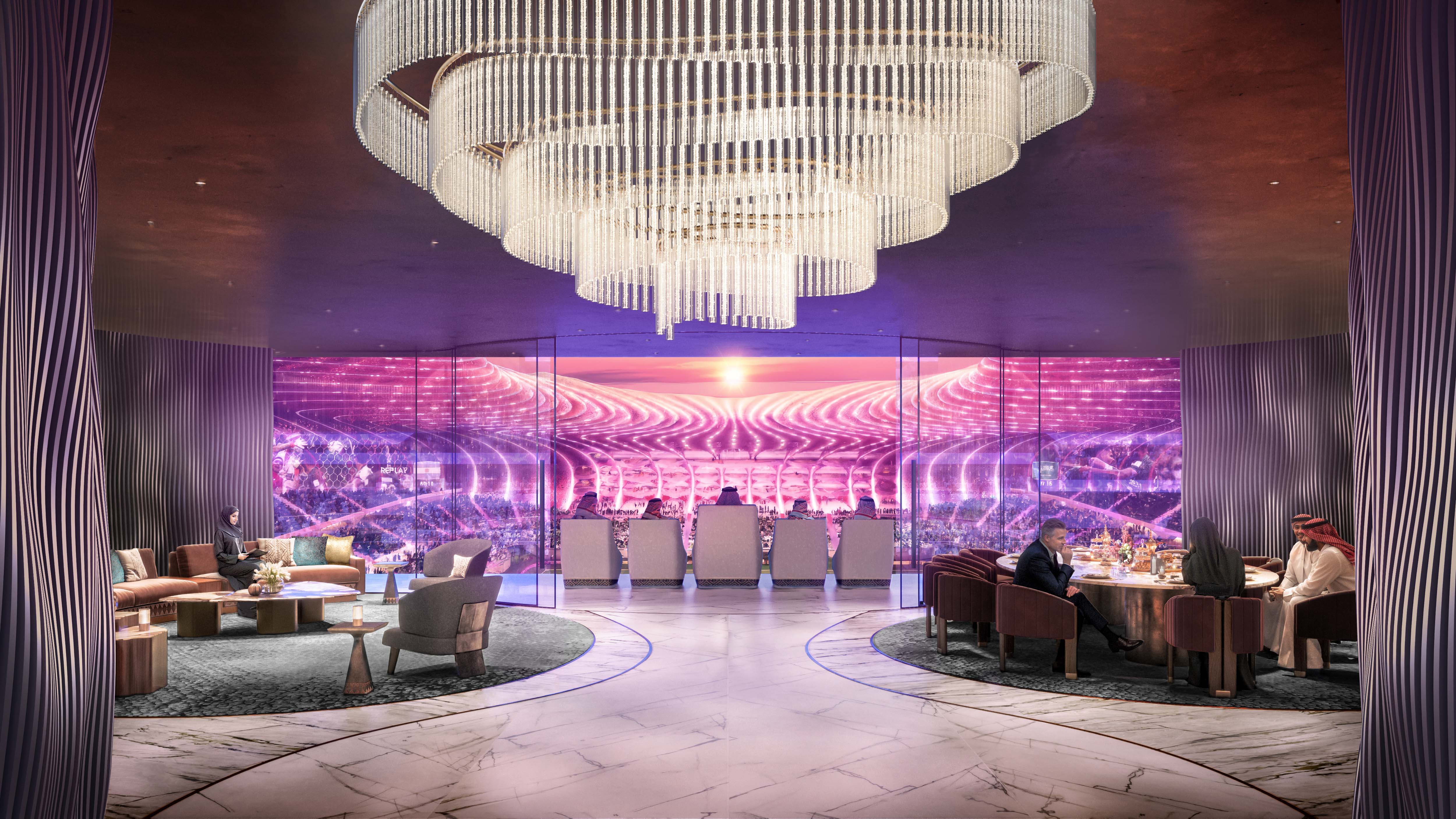 3D architectural visualization of a luxury hotel lounge with modern interior design, vibrant lighting, and central bar area.