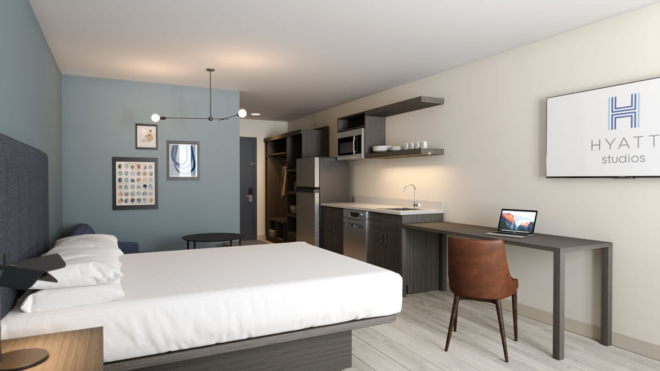 Architectural 3D Visualization of a guestroom by hyatt Studios highlighting comfort, functionality, and aesthetic appeal.