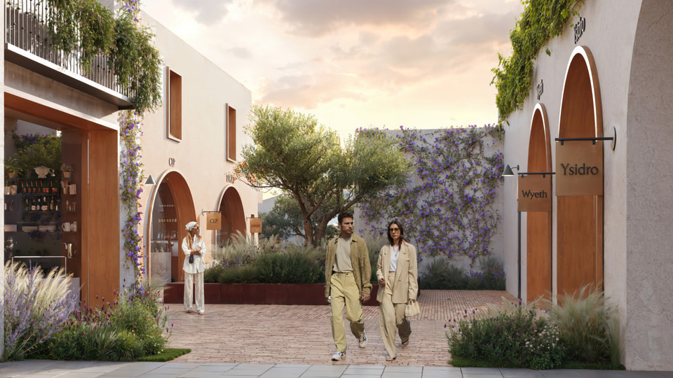 Santa Monica CA. Rendering of arched arcade storefronts with timber doors, hanging blade signage, trailing greenery, and a couple walking the brick courtyard at golden hour by Radical Galaxy Studio