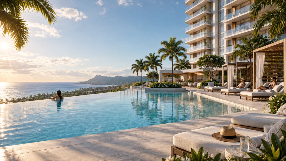 AI concept rendering of a tropical Hawaii coastal residential or resort composition with lush landscaping, warm materials, and ocean views.