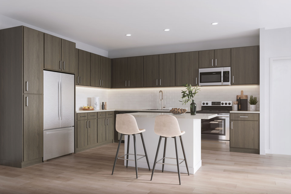 Origin multifamily kitchen finish scheme rendering with island and pendant lighting