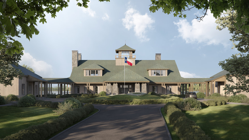 Freestone Club, Fairfield TX. Ground level rendering of the clubhouse entry elevation with cedar shingle roof, stone chimneys, wrapping porch, and central cupola above the drive by Radical Galaxy Studio