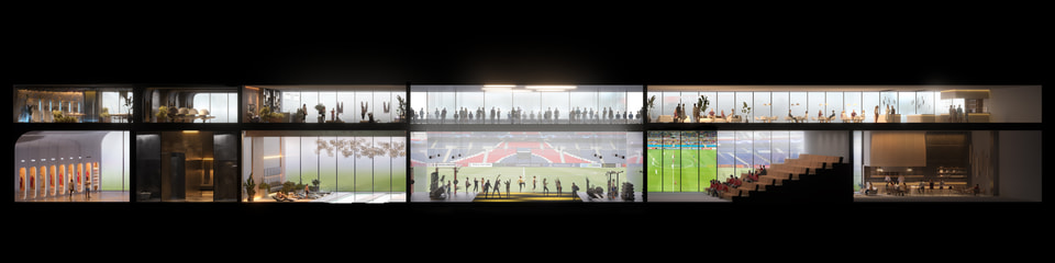 MLS stadium suite cross-section showing premium lounges and event spaces