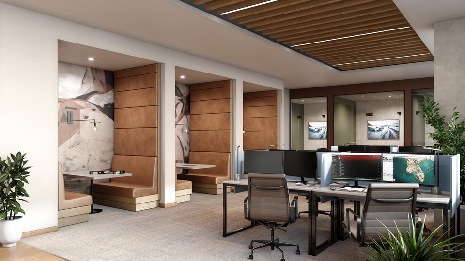 Burnet Road, Austin TX — Trammell Crow. Work-from-home lounge with private focus booths, shared desks, and natural light by Radical Galaxy Studio