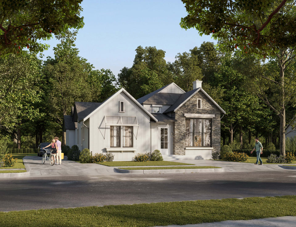 Street-corner rendering of a single-story cottage with white board-and-batten siding, a stone accent gable, and a couple with a bicycle out front