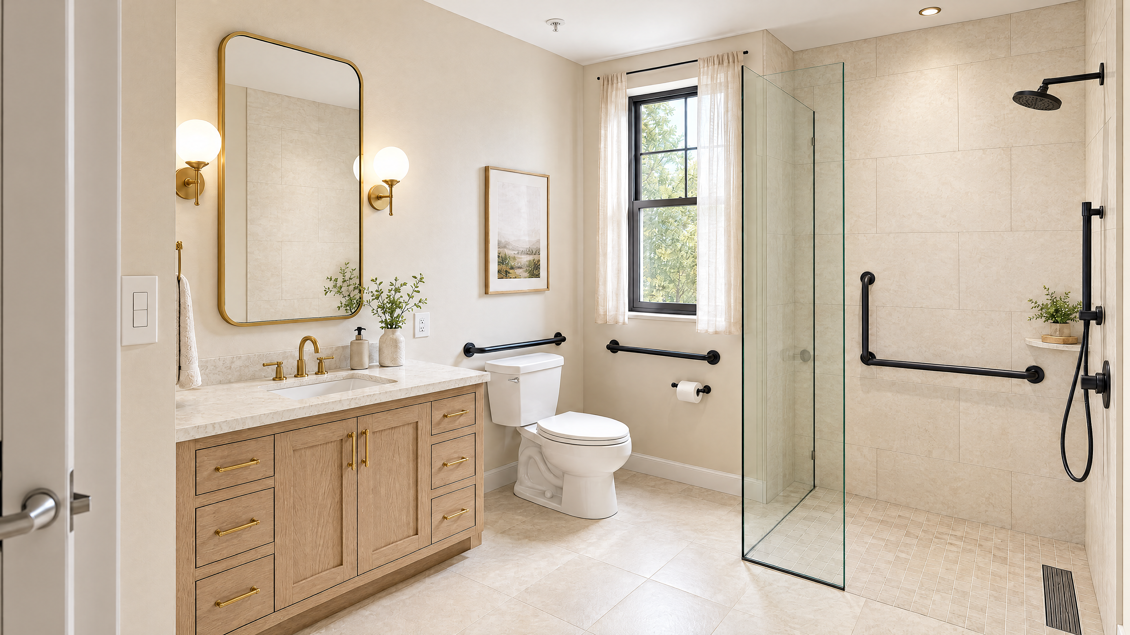 Accessible senior living bathroom rendering with grab bars, curbless shower, and clear turning space, designed to look residential