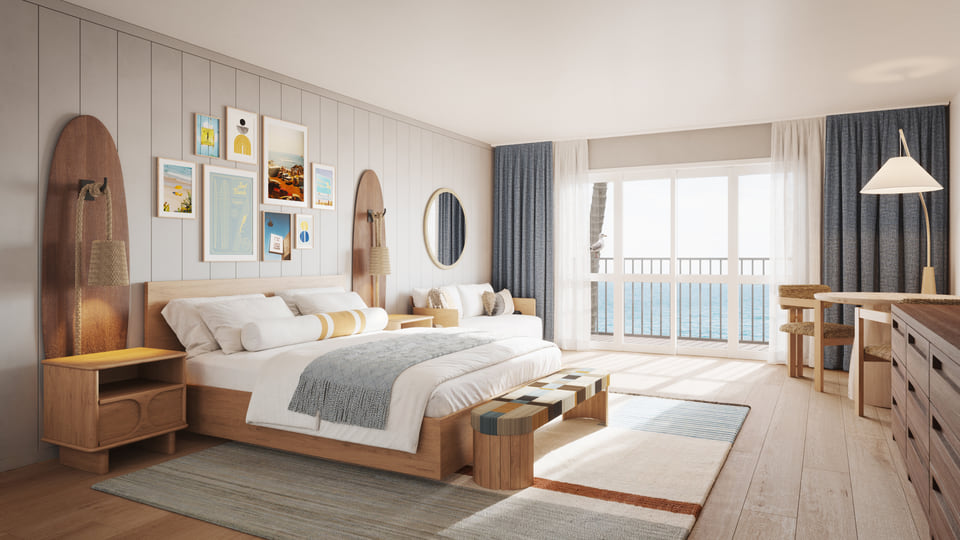 Hospitality 3D rendering by Radical Galaxy Studio of a beachside resort guestroom with elegant décor, a plush bed, and expansive windows offering stunning ocean views.