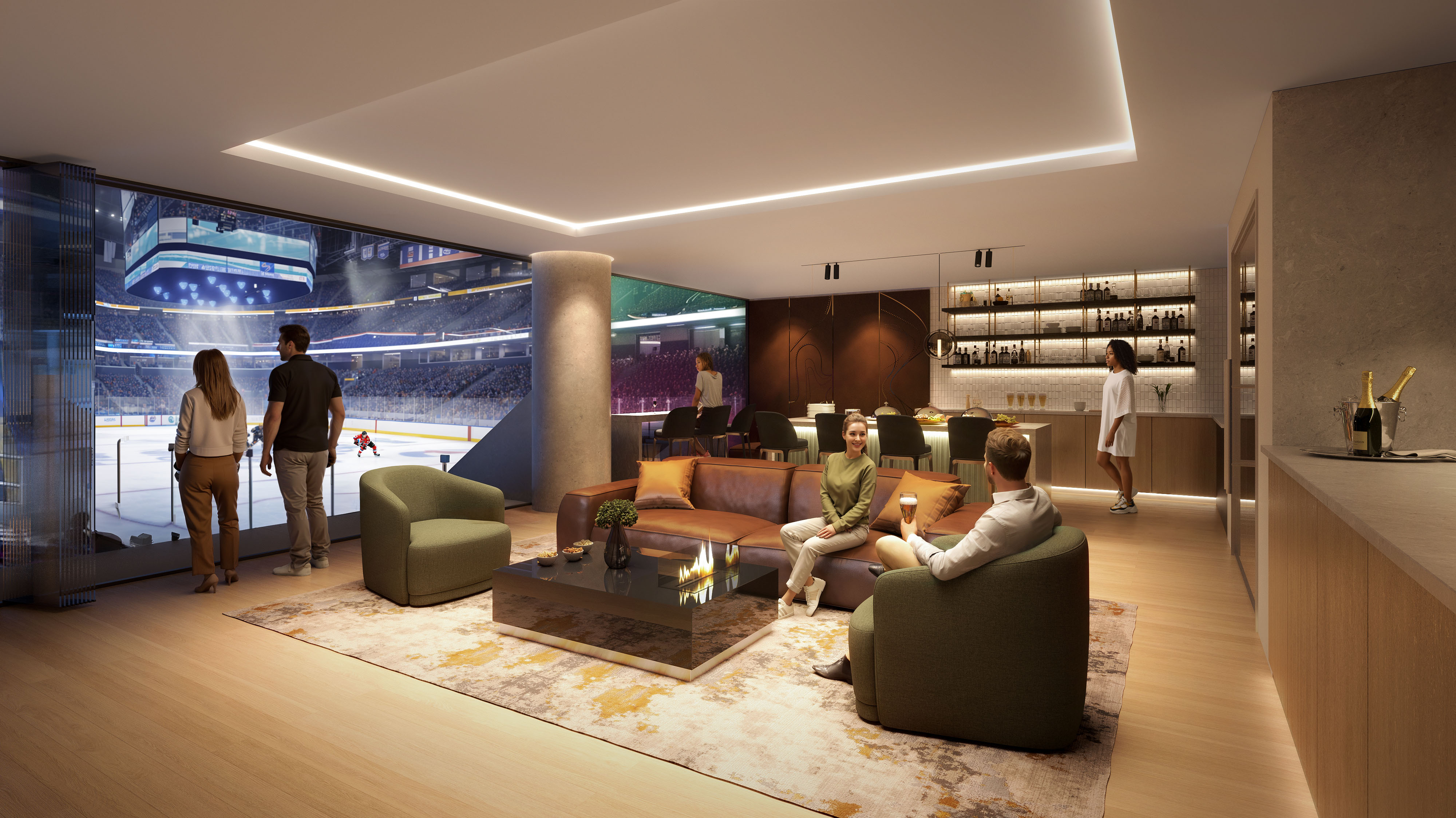 3D architectural visualization of a luxury suite interior in a sports stadium with modern lounge seating, bar area, and view of the hockey rink created by radical galaxy studio