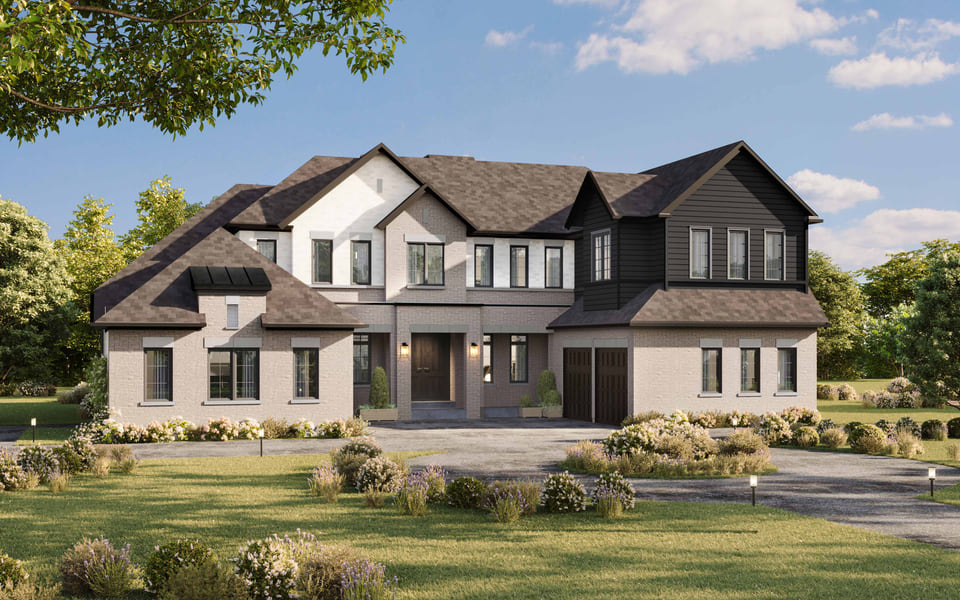 Architectural visualization of a two-story custom residence with contrasting dark and light exterior finishes
