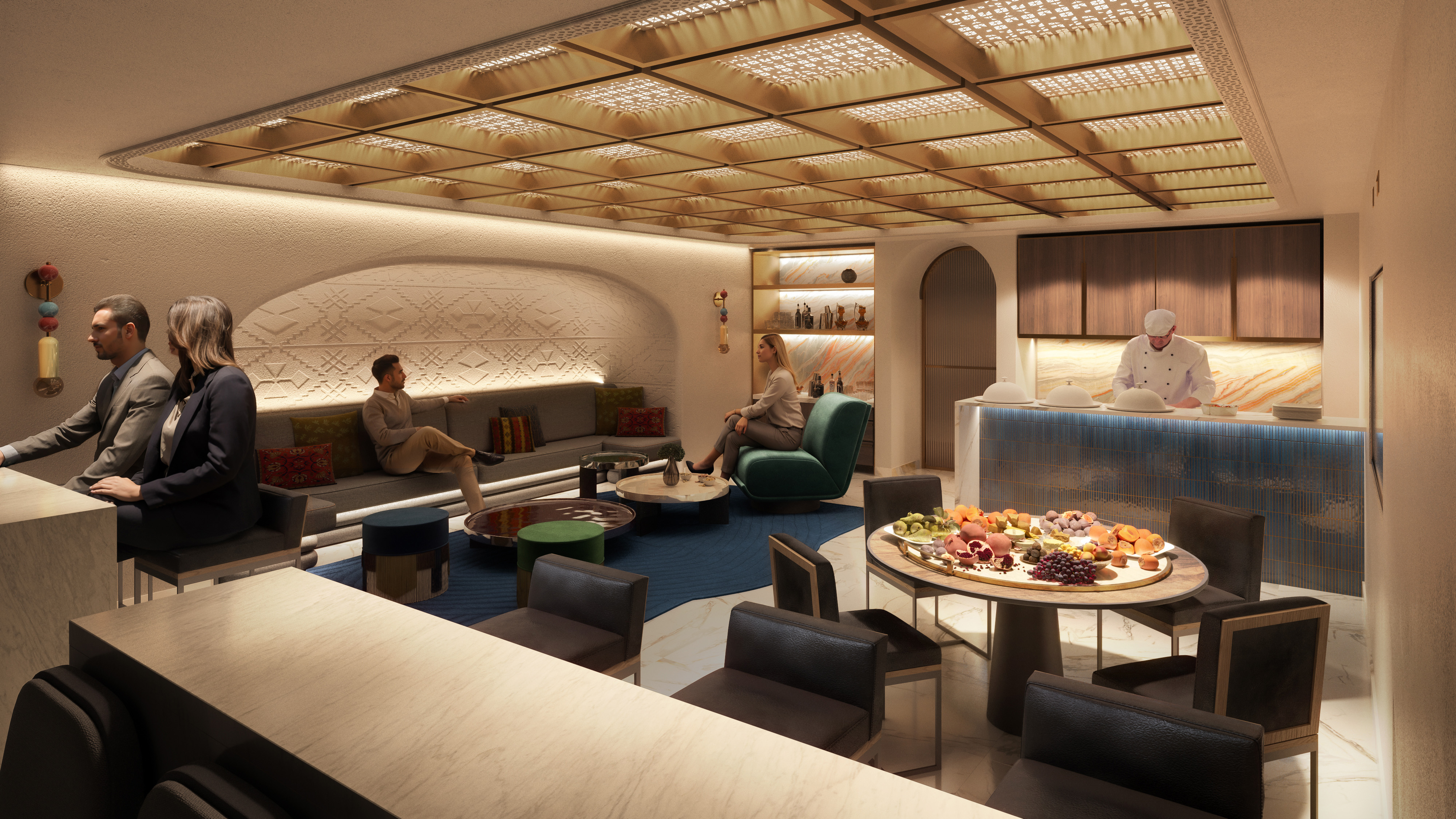 3D interior rendering of upscale sports lounge with bar seating and modern lighting design
