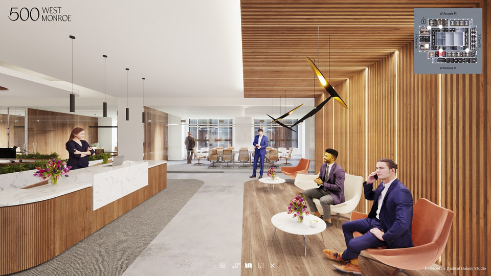 500 West Monroe, Chicago IL — Spear Street Capital. Loop office 360° tour of the reimagined lobby lounge and amenity floor.