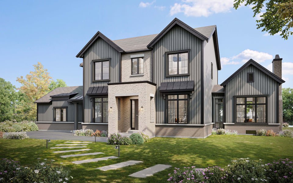 Single-family home front elevation rendering with dark vertical siding, white-brick base, gabled roofs, and a stone-paver walkway to the entry.
