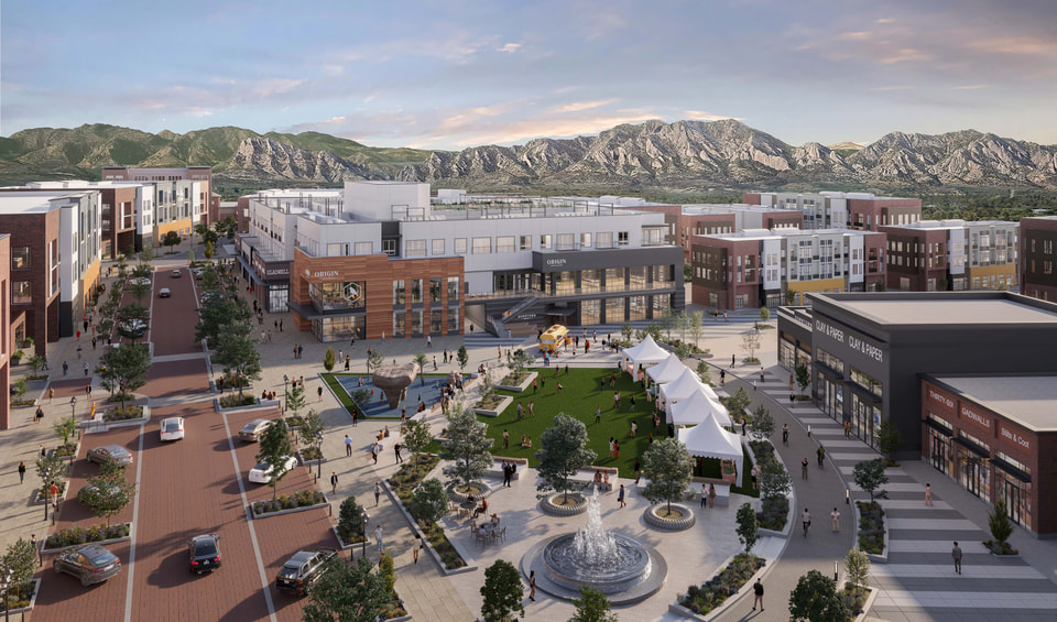 Multifamily view-corridor rendering, elevated documentary view of building within block.
