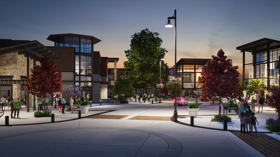 Retail Village at Ten Trails — Village entrance at dusk