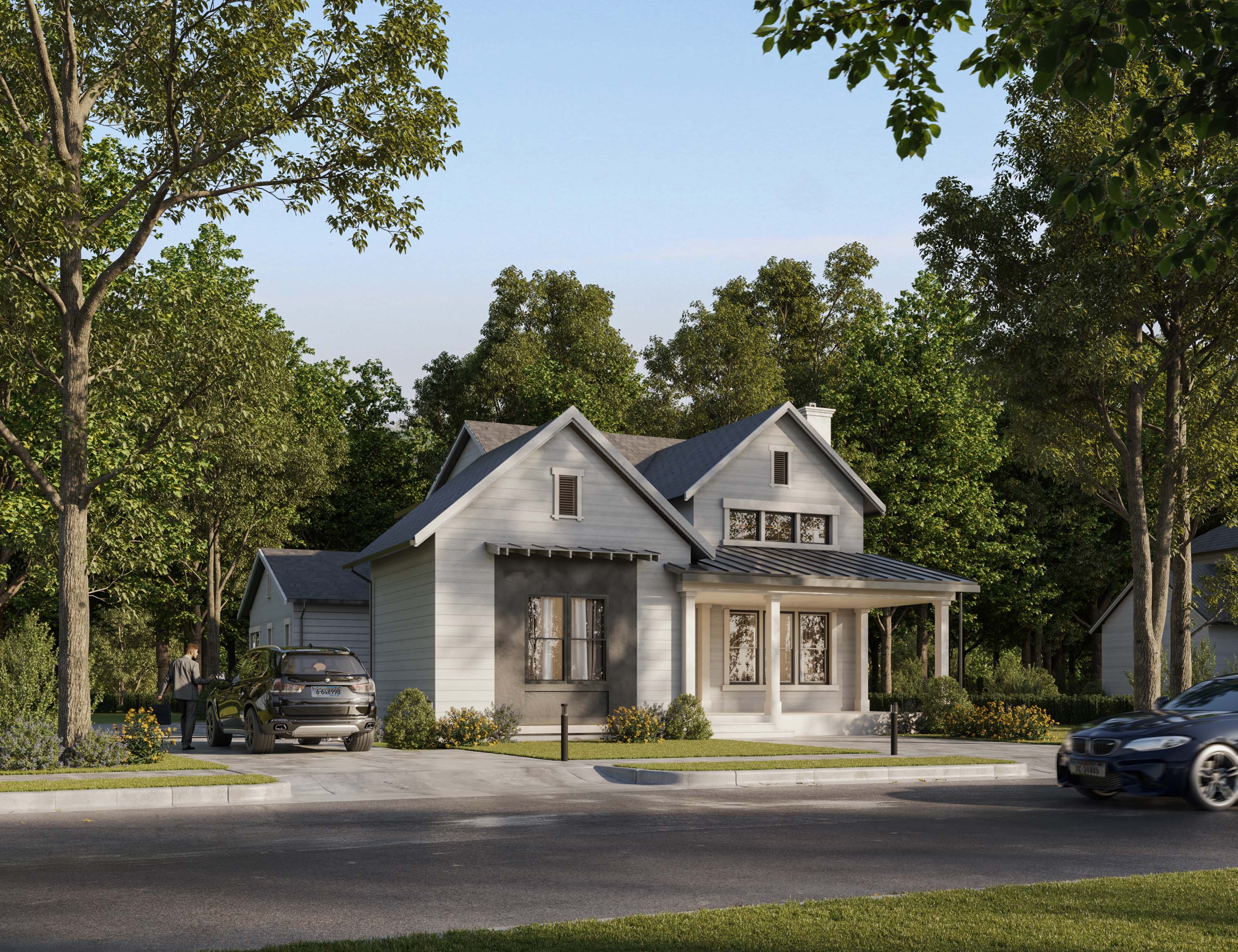 A single-family home rendering with stone accents, a cozy porch, and well-maintained greenery.