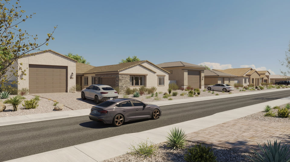 Lennar single-family desert streetscape rendering with production home elevations and driveway parking