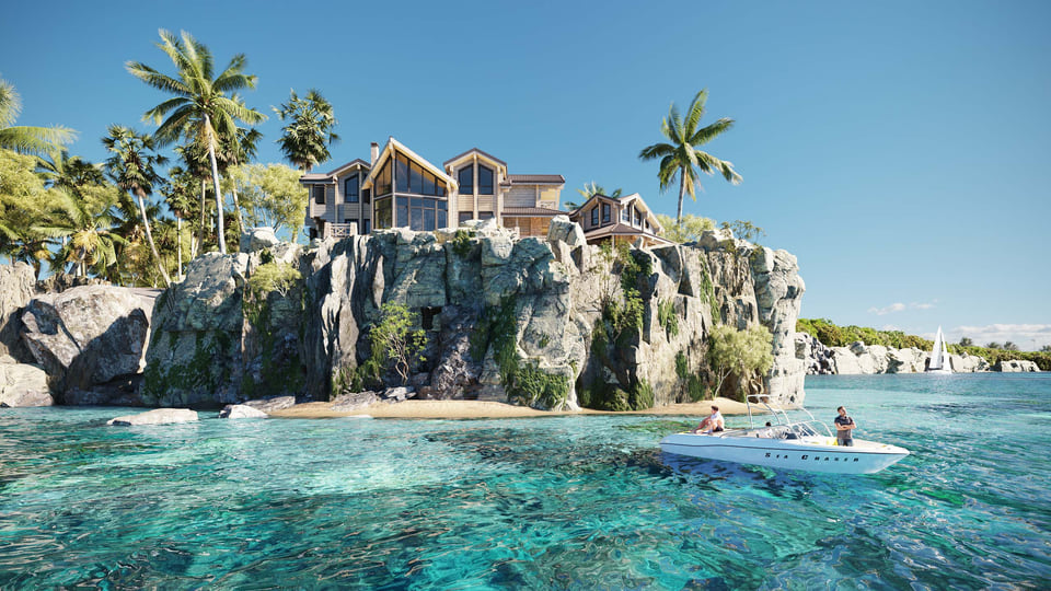 club house rendering overlooking the ocean with yachts in the background