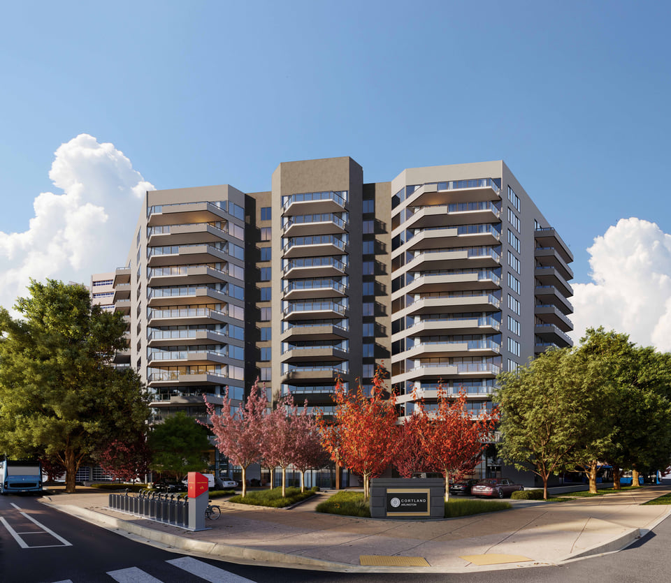 High-quality 3D rendering of multifamily apartment exterior in Arlington, VA produced for Cortland Partners