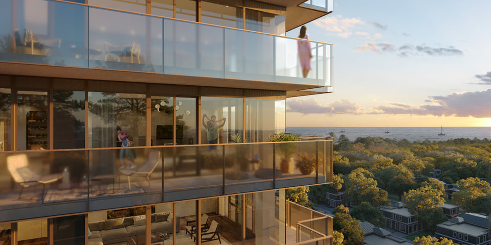 Brightwater, Mississauga ON — Diamond Kilmer Developments. Waterfront exterior at sunset with balcony glazing and Lake Ontario views by Radical Galaxy Studio