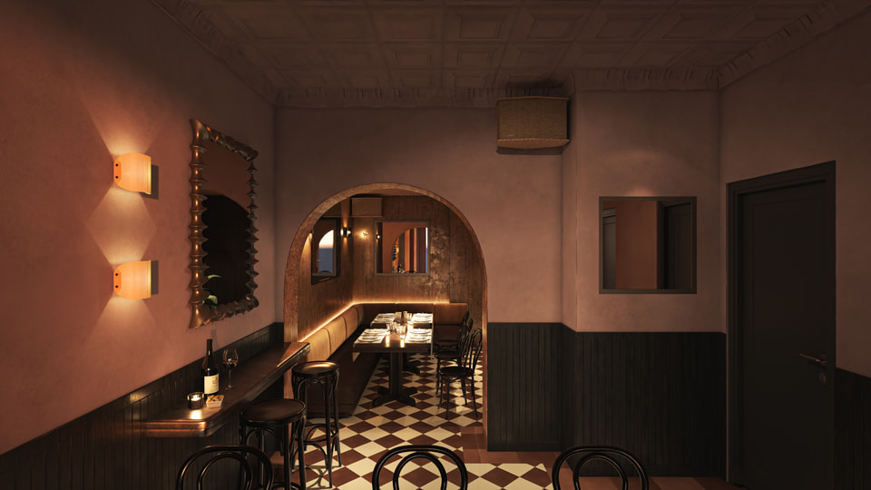 180 Spring Street, New York NY — SoHo restaurant interior rendering with intimate dining vignette, layered lighting, and material palette by Radical Galaxy Studio
