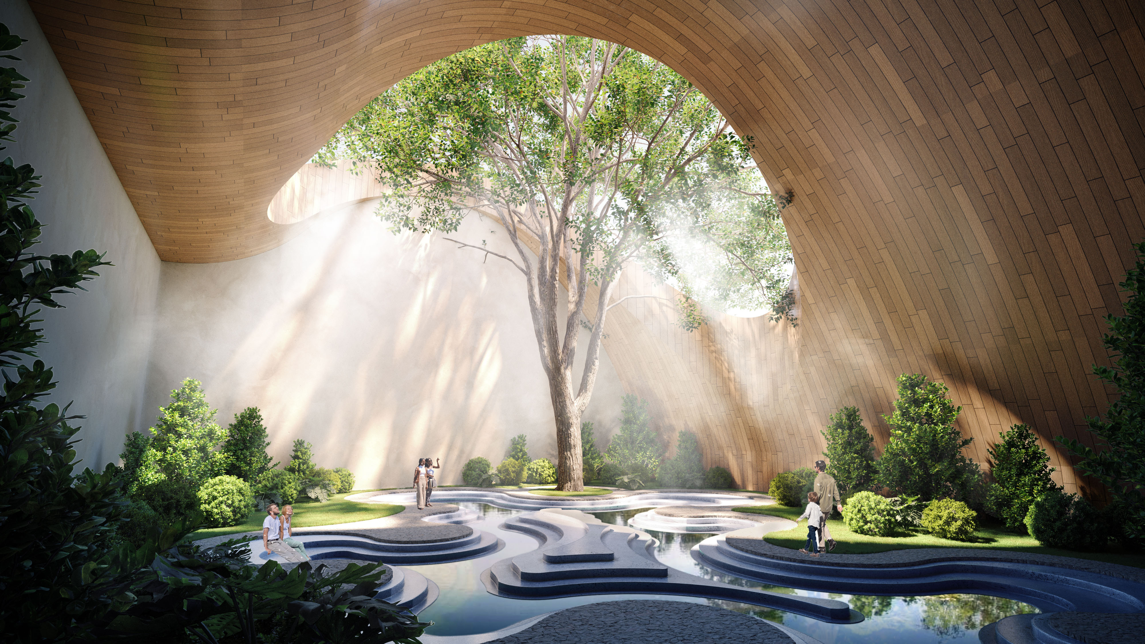 3D architectural visualization of a sensory space in a sports stadium with natural light, greenery, and curved wooden design elements.
