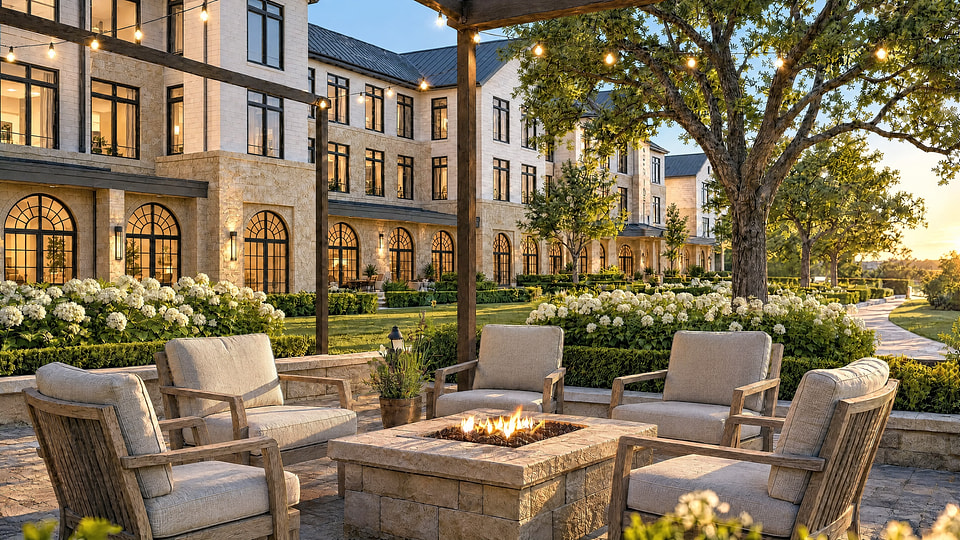 Senior living courtyard rendering with a fire pit, accessible seating, and landscaped walking paths