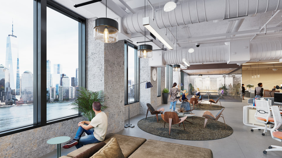 70 Hudson Street, Jersey City — Spear Street Capital. Tenant lounge space with modular seating and floor-to-ceiling glazing framing the Manhattan waterfront.