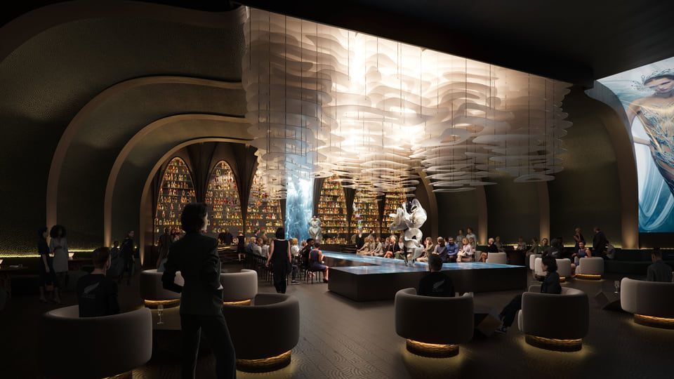 Stadium event space rendering with open seating, bar area, and field views