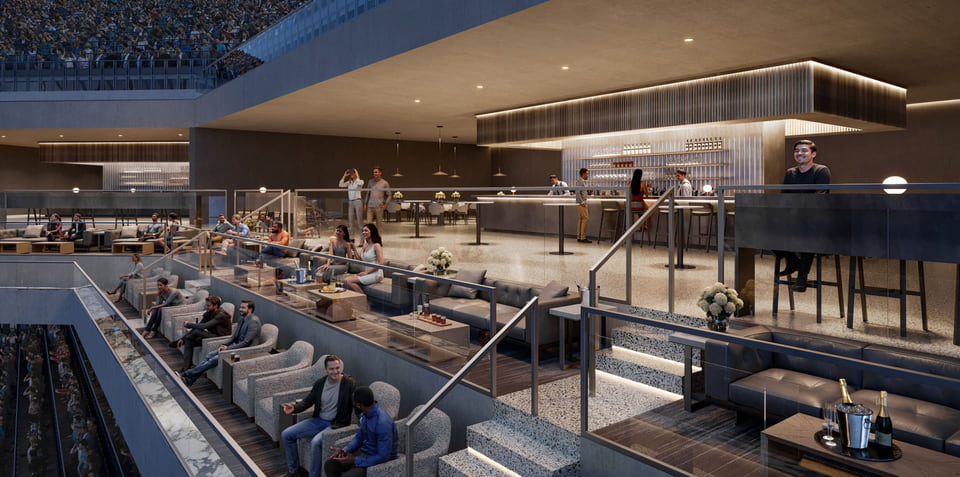 3D architectural visualization of a modern sports stadium lounge with tiered seating, bar area, and open interior design.