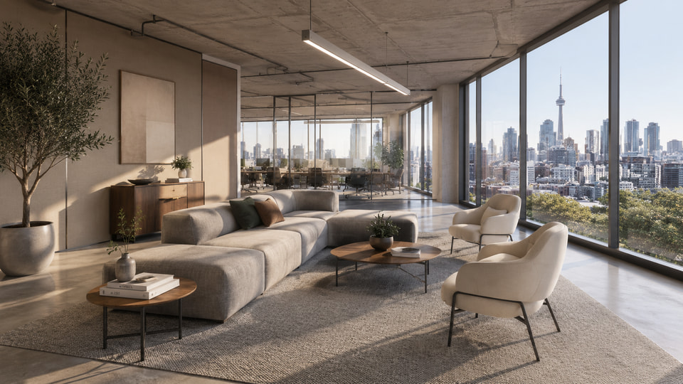 250 Dundas, Toronto ON — tenant breakout area rendering with collaboration and lounge seating
