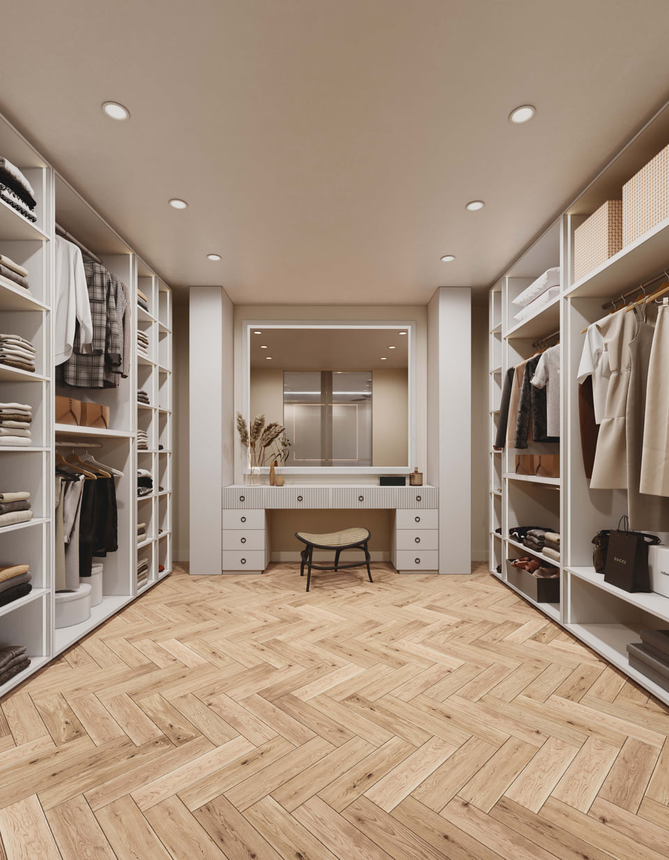 Interior rendering of a walk-in master closet with open white shelving, hanging wardrobe, herringbone wood floor, and a central vanity with a lit mirror