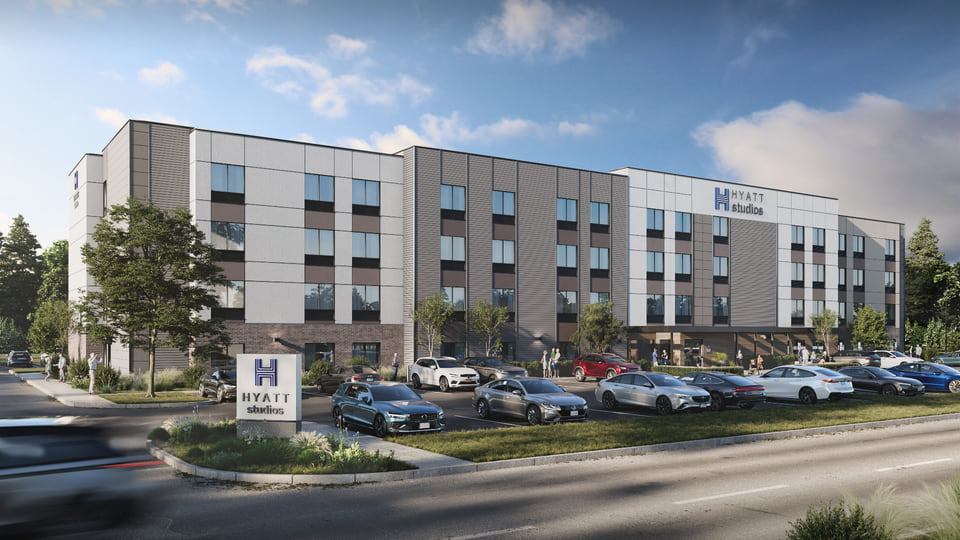 Hyatt Studios flagged hotel arrival exterior rendering with porte-cochere and brand-standard facade by Radical Galaxy Studio.