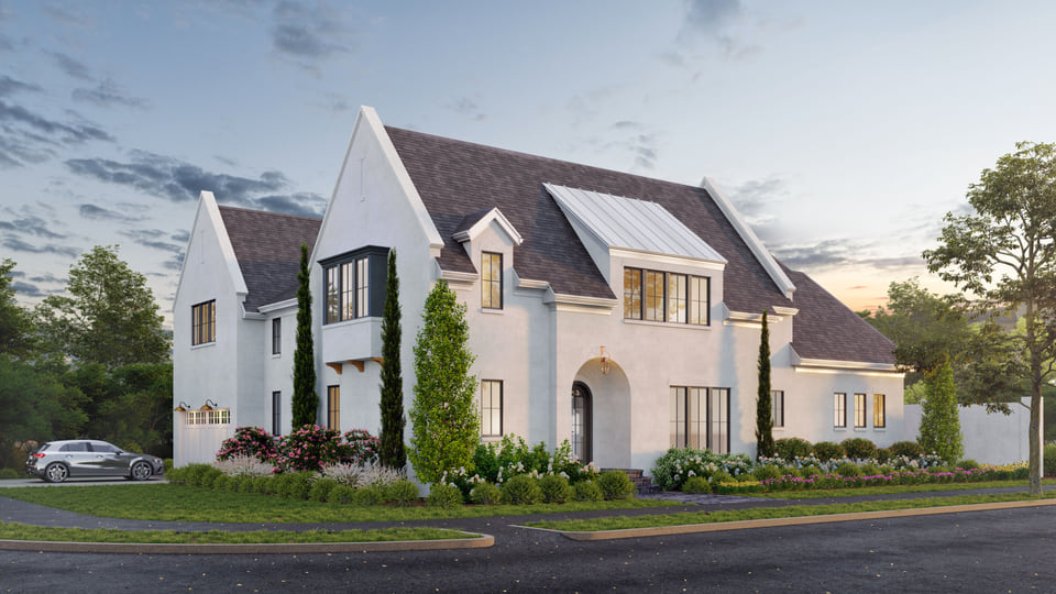 Dusk rendering of a contemporary single-family home in a master-planned community