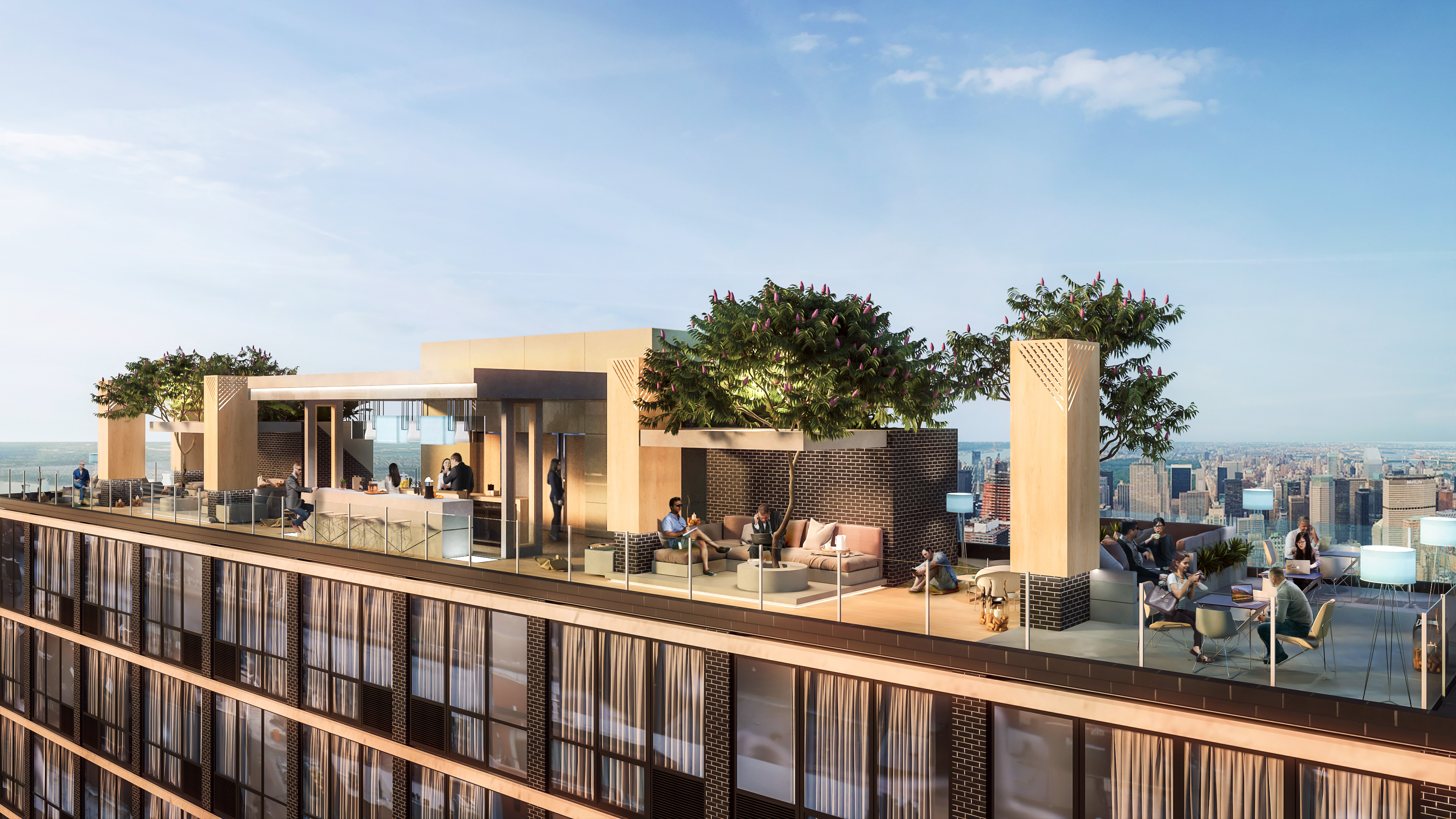 Z Hotel, Long Island City NY — front rooftop terrace hospitality rendering with dining seating, warm evening lighting, and Manhattan skyline backdrop by Radical Galaxy Studio